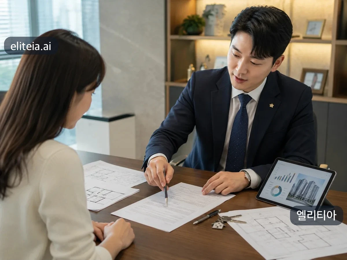 책상에서 평면도를 짚으며 상담하는 장면(AI 생성 이미지)